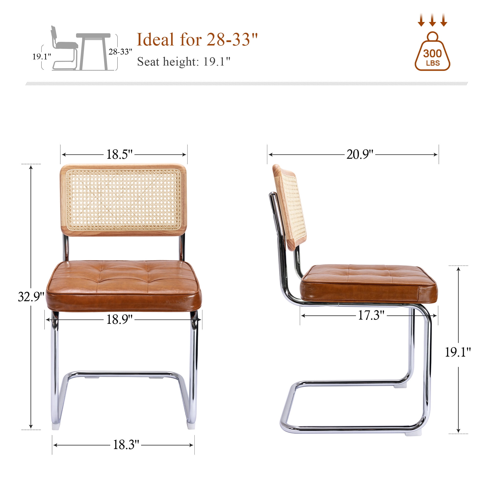 Zesthouse Rattan Dining Chairs Set of 2, Faux Leather Dining Chair with Cane Back and Chrome Legs, Mid-Century Modern Upholstered Kitchen Side Chairs for Dining Living Room, Brown