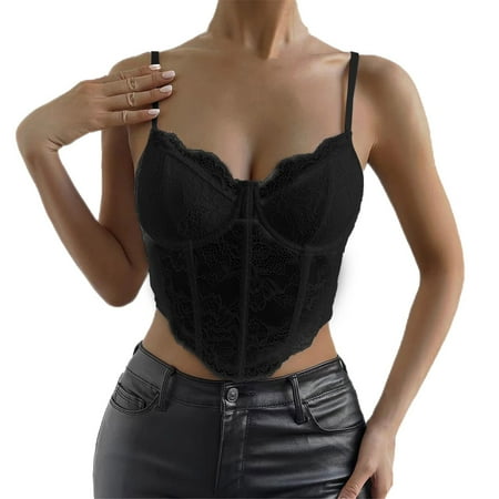 Clearance! Delayuji Womens Tees and Tanks Women s Floral Lace Mesh Corset Vest Spaghetti Strap Tops Going Out Slim-Fit Camisole L Black