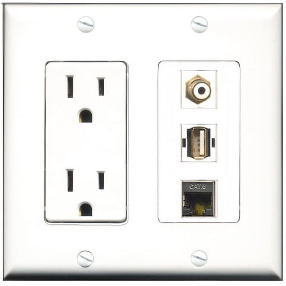 RiteAV - 15 Amp Power Outlet 1 Port RCA White 1 Port USB A-A 1 Port Shielded Cat6 Ethernet Ethernet Decorative Wall Plate