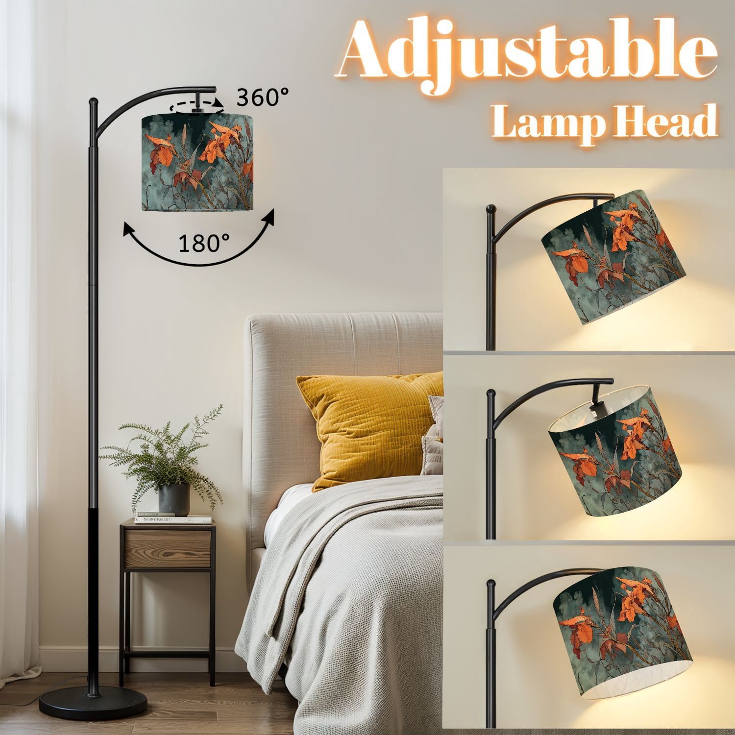 Arc Floor Lamp with Adjustable Lampshade Mystical Flower Cascading Blooms Curled Tendrils Standing Lamp 3 Color Temperatures Dimmable Tall Pole Lamp with Foot Switch for Bedroom