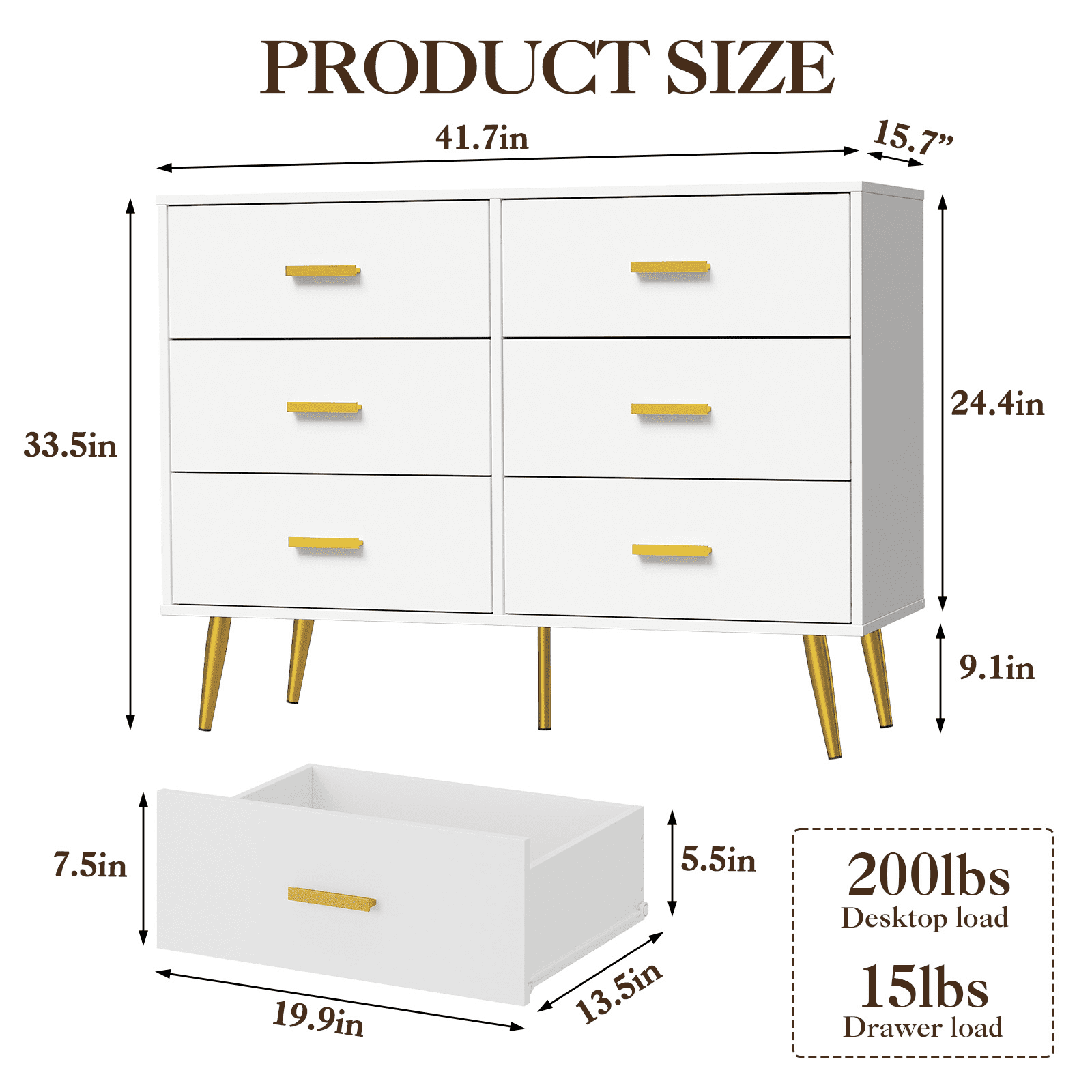 Dresser for Bedroom, Modern Wood Dresser with 6 Wide Drawers, Gold Handles Storage Organizer Unit for Living Room, Closet, Entryway, Hallway