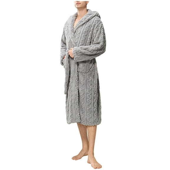 Tnhcen Men's Polyester Plush Hooded Long Sleeve Plus Size Bathrobe for Men Warm Winter Home Wear Unisex Cozy Soft Robe Pajamas Bathing Towel Wrap