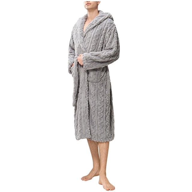 Mens Texture Fleece Plush Robe with Hood Ultra Soft Fluffy Full Length Long with Pockets Luxurious House Coat
