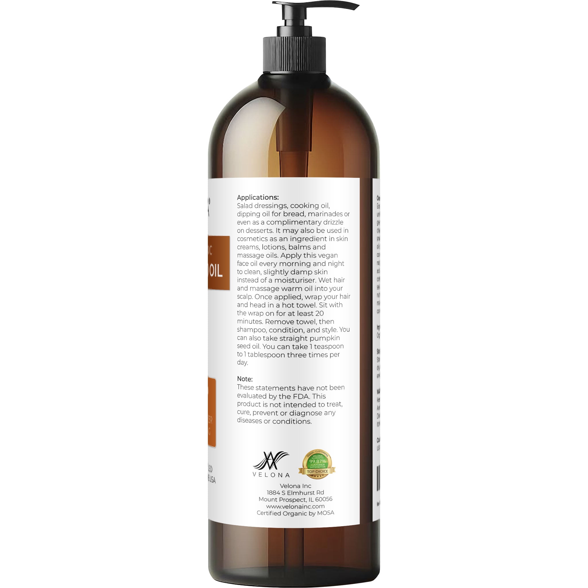 Velona Pumpkin Seed Oil USDA Certified Organic - 32 oz | 100% Pure and Natural Carrier Oil | Unrefined, Cold Pressed | Cooking, Face, Hair, Body & Skin Care