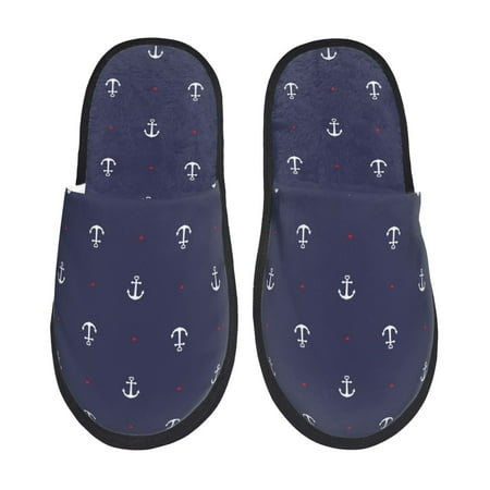 Balery Anchor Heart Blue Slient Indoor Furry Fleece Comfort House Shoes Soft Non-Slip Home Shoes Cotton slippers House Slippers-- Medium
