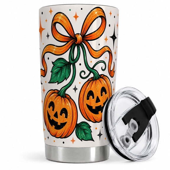 Orange Bow Pumpkin Tumbler, 20oz Insulated Drinkware for Halloween Fans Stainless steel insulated tumbler with lid, orange bow pumpkin vine art for water, iced coffee, tea, or commute