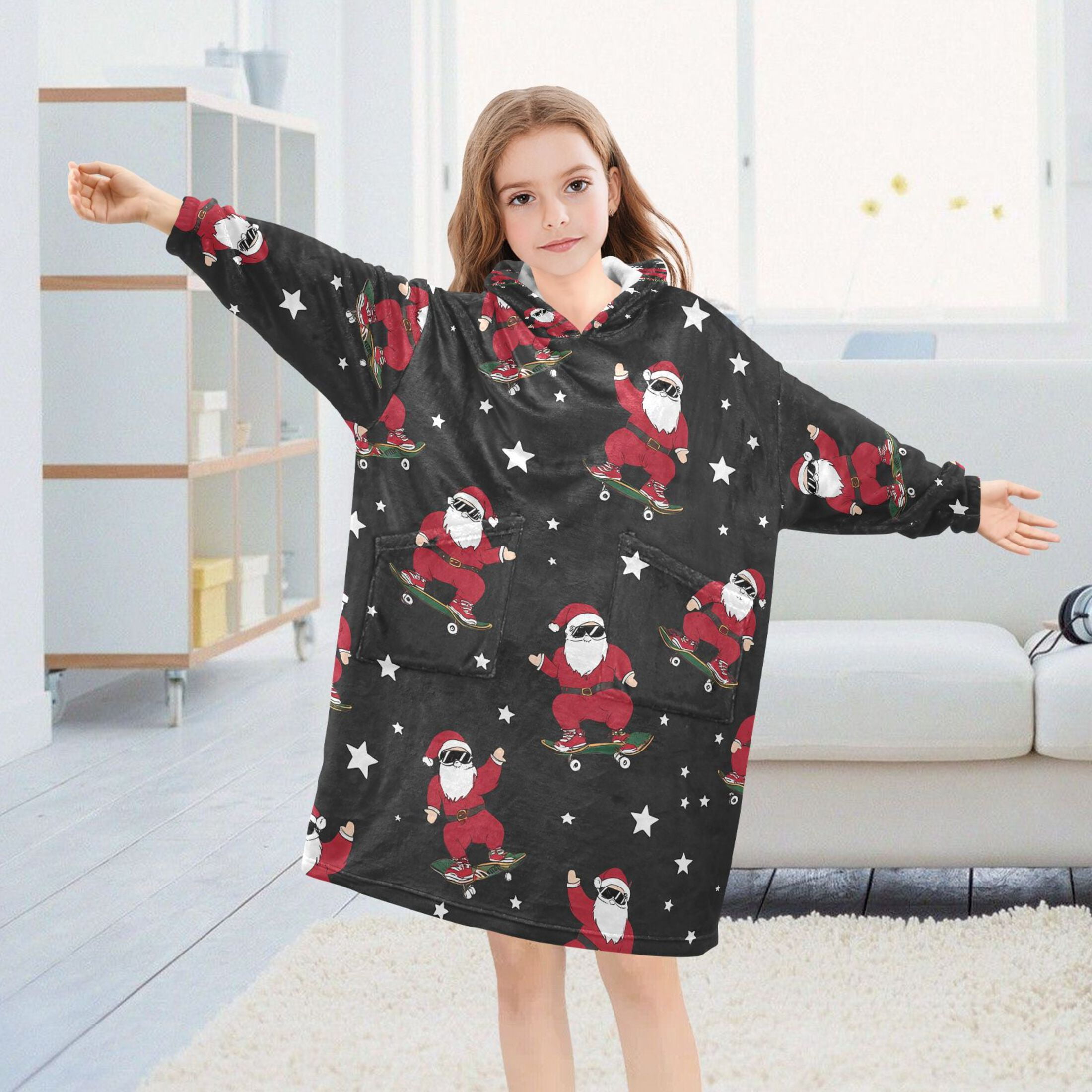joogoo Blanket Hoodie for Christmas Santa Claus Skating Oversize Sweatshirt 3-14 YR L