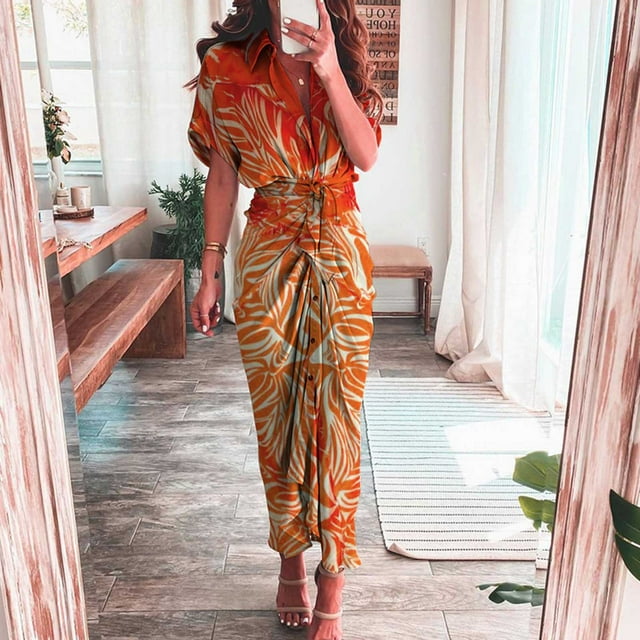 Pisexur Robe à Manches Courtes Col en V, Robe Longue Irrégulière à Imprimé Mode pour Femmes, Robe Col en V en Solde