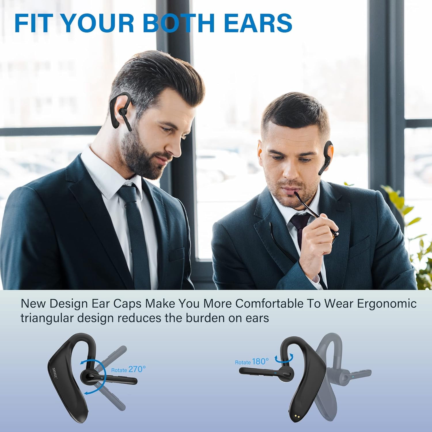 Sunitec Single-Ear Wireless Headset with Dual Microphones, Noise Cancelling, USB Dongle, 45H Talk Time, for PC/Mac