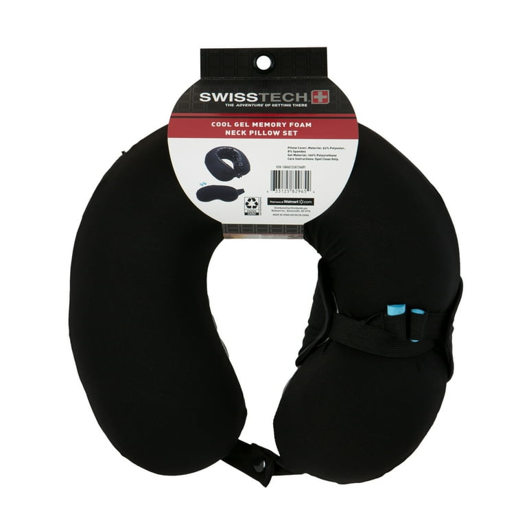 Swiss Tech Cool Gel Memory Foam Neck Pillow Set Black Pillow Mask Earplugs