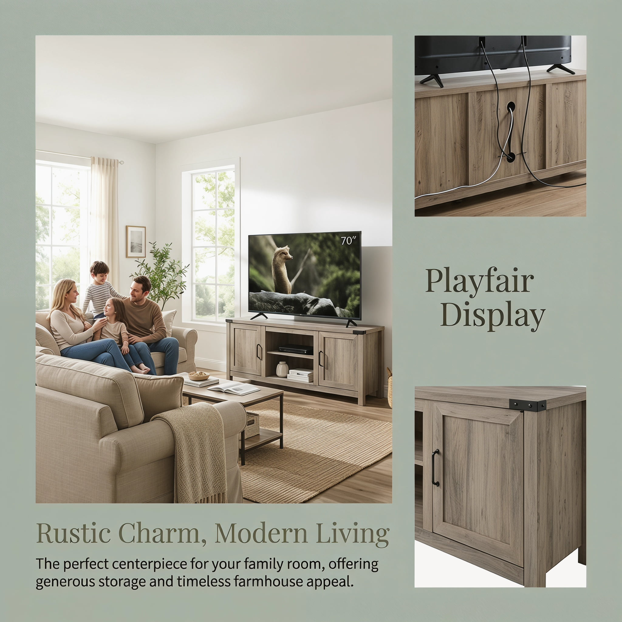 Kadyn TV Stand, TV Cabinet, Entertainment Center Console Table, Electric Fireplace TV Stand with Storage Cabinets for TVs up to 70 Inch (Not Included the Electric Fireplace)-Natural