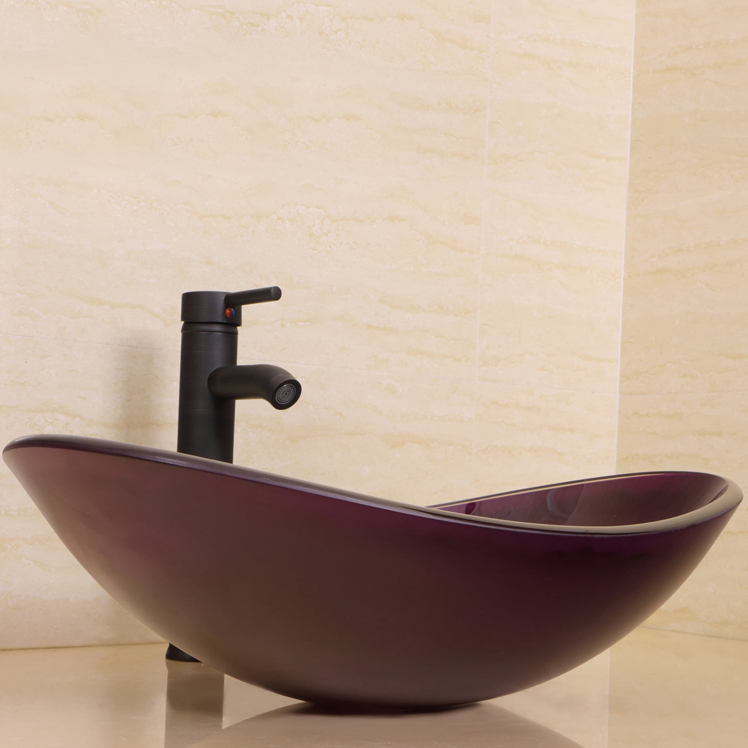 Wonline Purple Tempered Glass 21.5 x14 x 6.3 Inch Oval Bathroom Vessel Sink