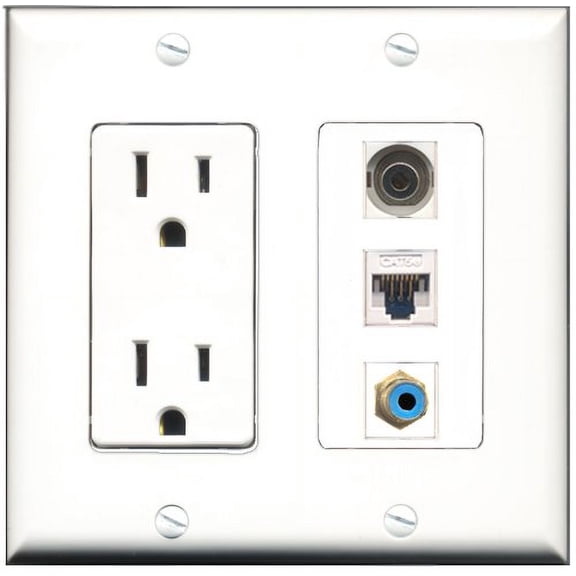 RiteAV - 15 Amp Power Outlet 1 Port RCA Blue 1 Port 3.5mm 1 Port Cat5e Ethernet White Decorative Wall Plate