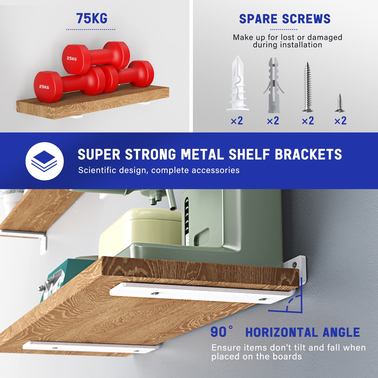 6 Pack Heavy Duty Shelf Bracket, 10 inch Floating Shelf Brackets(1/5"-Thick) White Metal Wall Shelf Support Brackets, Holds 160+lb