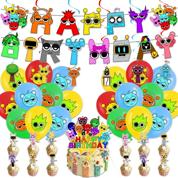 Sprunki Plush Themed Birthday Party Decoration Set, 36pc Includes Banner, Cake Toppers, Balloons, and Cupcake Decorations.