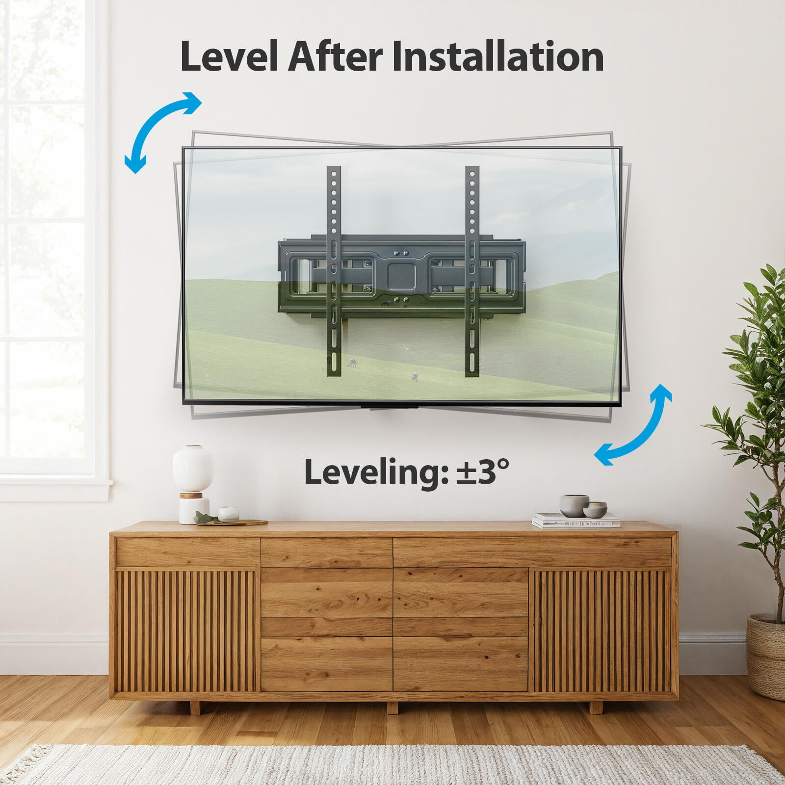 MountFTV Full Motion TV Wall Mount for 26-65 inch TVs Holds up to 110 lbs Swivels Tilts Extension Leveling, Max 400 x 400mm, Fits 8"/12/16" Wood Stud