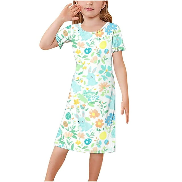 RXIRUCGD 2025 Vêtements d'Été pour Enfants 3-12 Ans Mode Couleur Unie Pyjamas Rêveurs Robe à Manches Courtes Col Rond