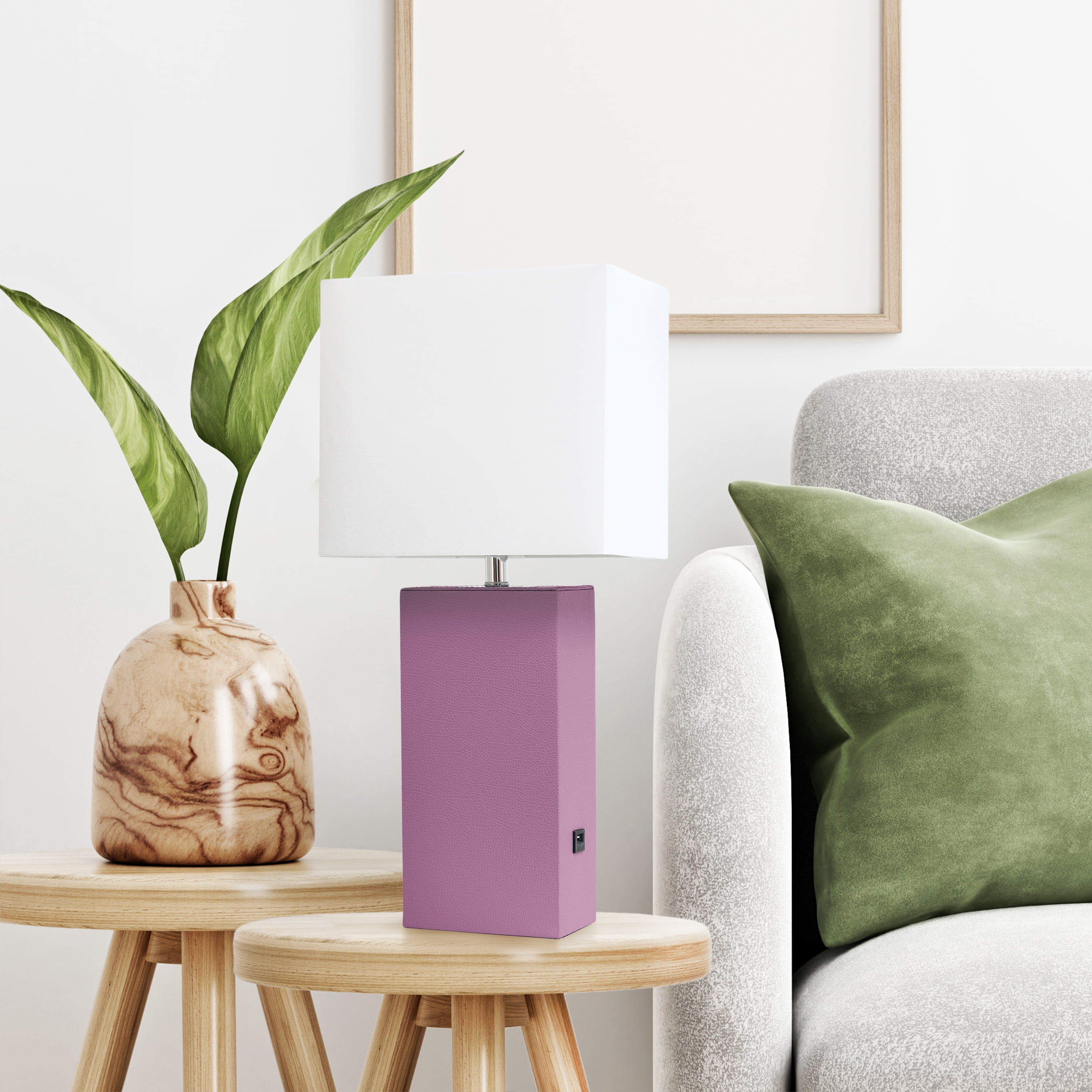 Lalia Home 21" Leather Modern Bedside Table Lamp with USB Port and LED Bulb, Purple