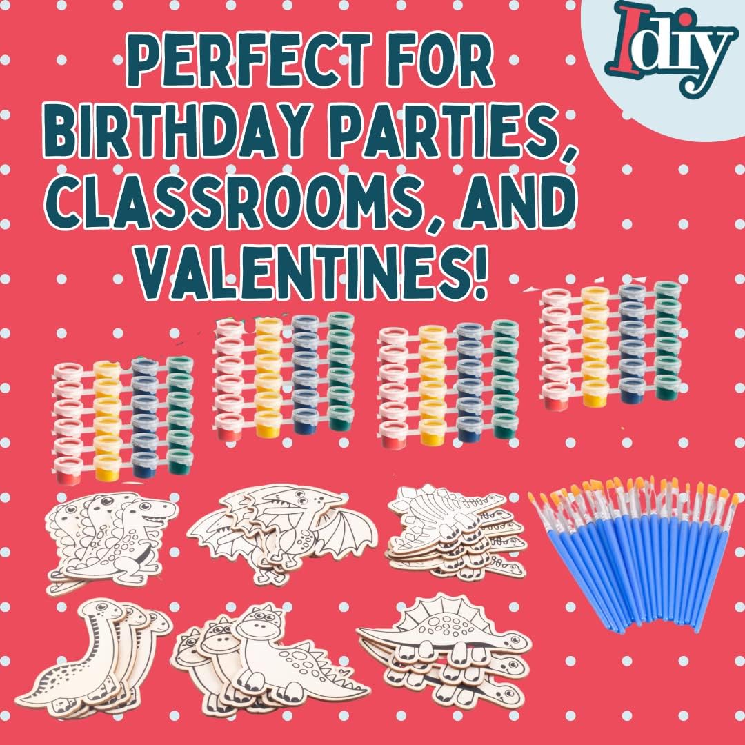 SCS Direct Kids Party Dino Wood Painting Craft Kits (20ct)-Dinosaur Designs -Each Kit Has its Own Brush, Paint, & Figure- Fun, Unique Birthday Party Activity, Favors or Classroom School Projects Gift