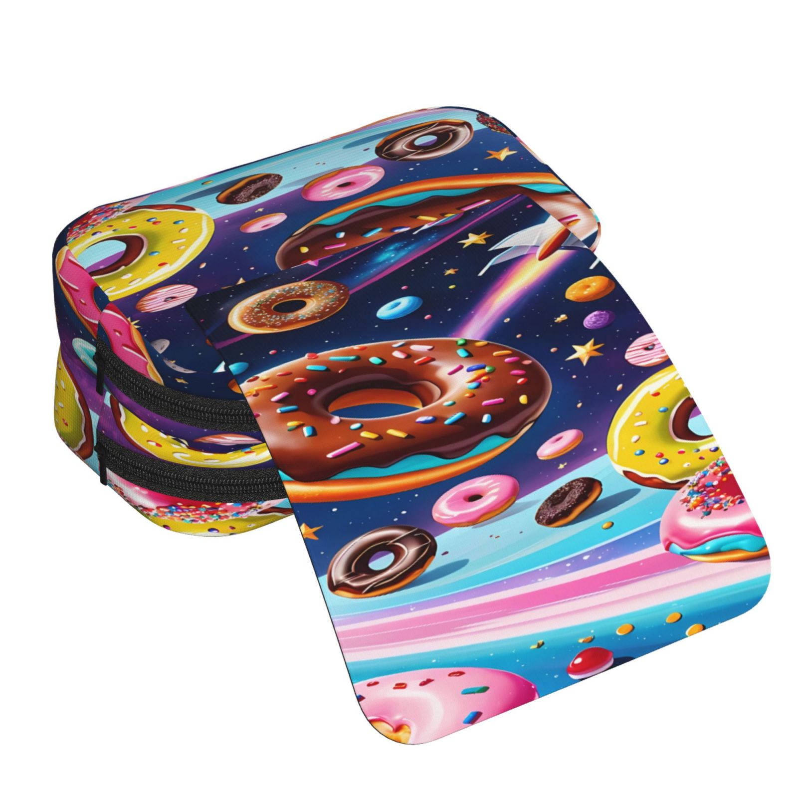 Rateoe Space Colorful Donut Pattern Double Clamshell Pen Case, Storage Organizer with Two Zipper Compartments– Holds Up to 50 Pencils & Pens