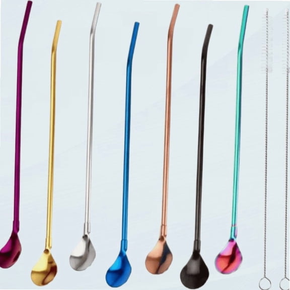 Spoon Straws 2 in 1 Stainless Steel Drinking Straws Cocktail Spoons with 2 Long Cleaning Brushes 9PCS Reusable Straws