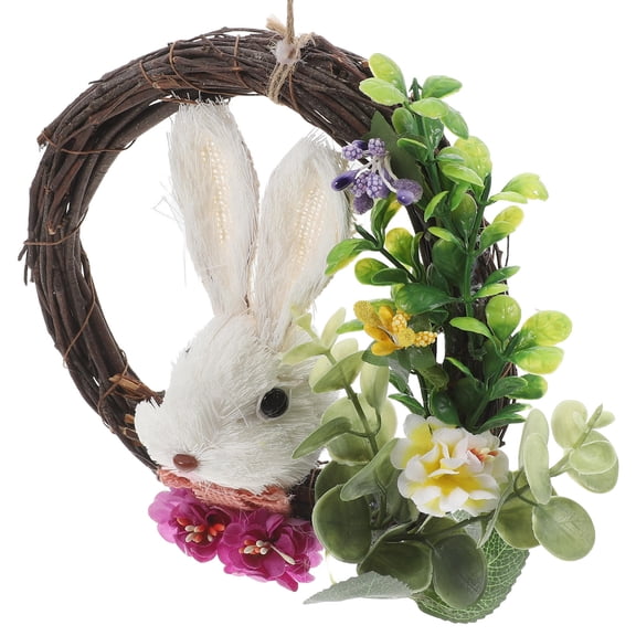 FENGGUIQU Handwoven Spring Rabbit Wreath with Artificial Blossoms and Rattan Frame for Door Decoration