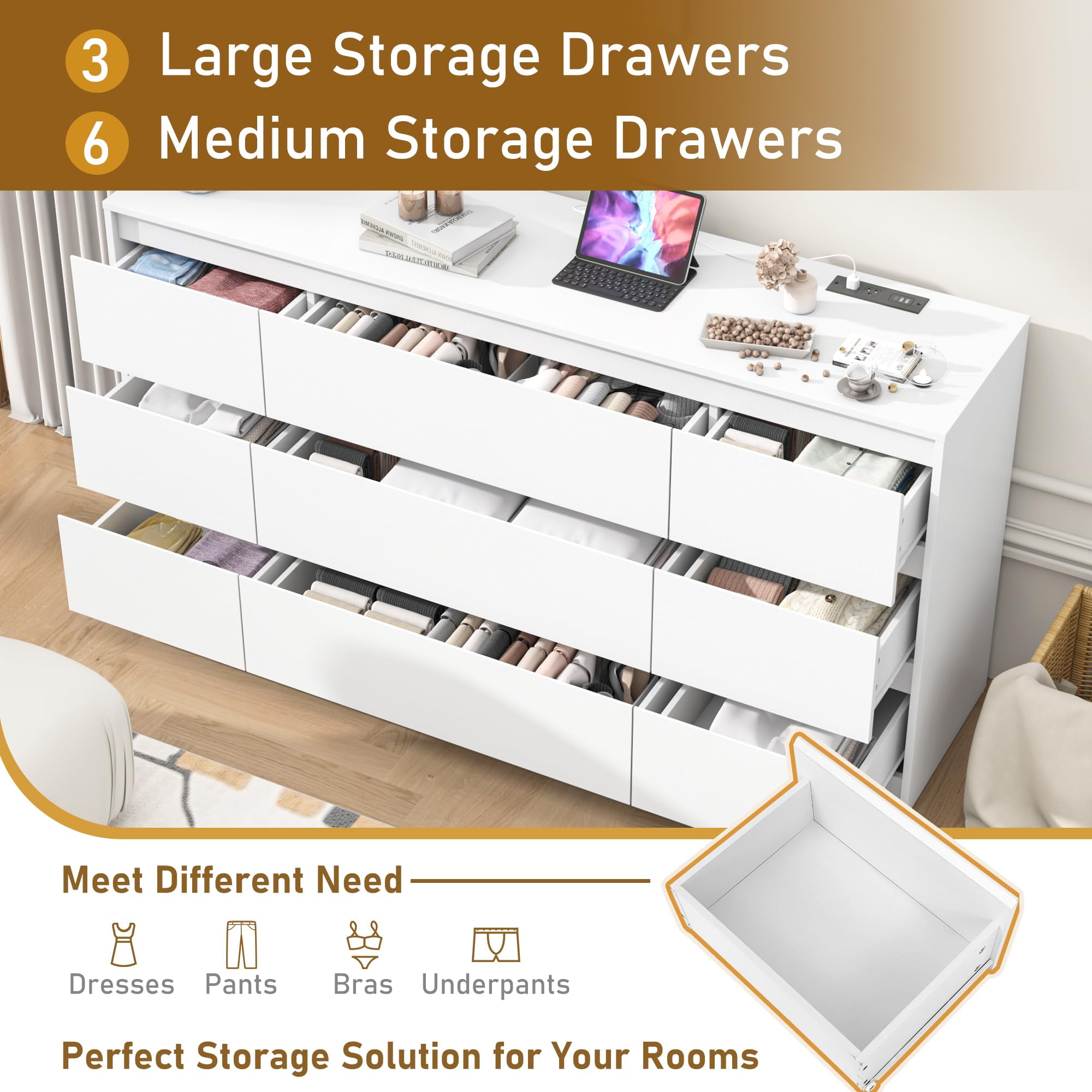 ChVans White 9 Drawers Dresser with Charging Station, 63" Long Modern Dresser with 9 Drawers for Bedroom, Large Wood Chest of Drawers Handle Free, Dresser for Bedroom, Living Room, Hallway