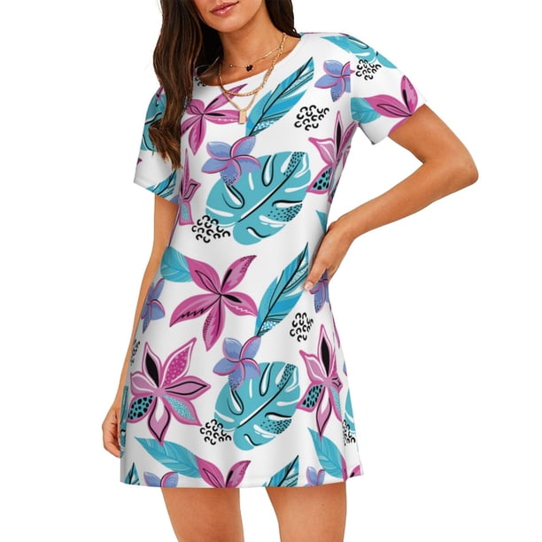 Fotbe Hawaiian Style Bata de Dormir para Mujer con Estampado, Camisón de Algodón de Manga Corta, Ropa de Dormir Casual
