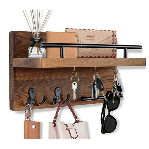 Untyo Key Holder for Wall Decorative with 5 Key Hooks ,Wooden Mail Rack Organizer with Shelf,Rustic Home Decor for Entryway Mudroom Hallway Office, Brown