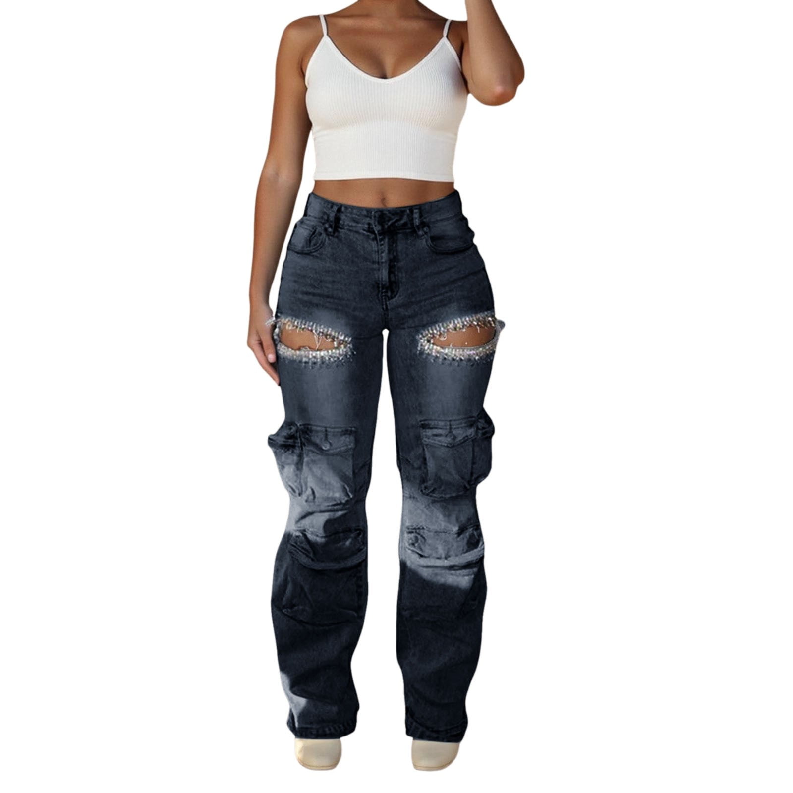 Women Rhinestone Cargo Jeans High Waisted Baggy Sexy Sparkly Cut