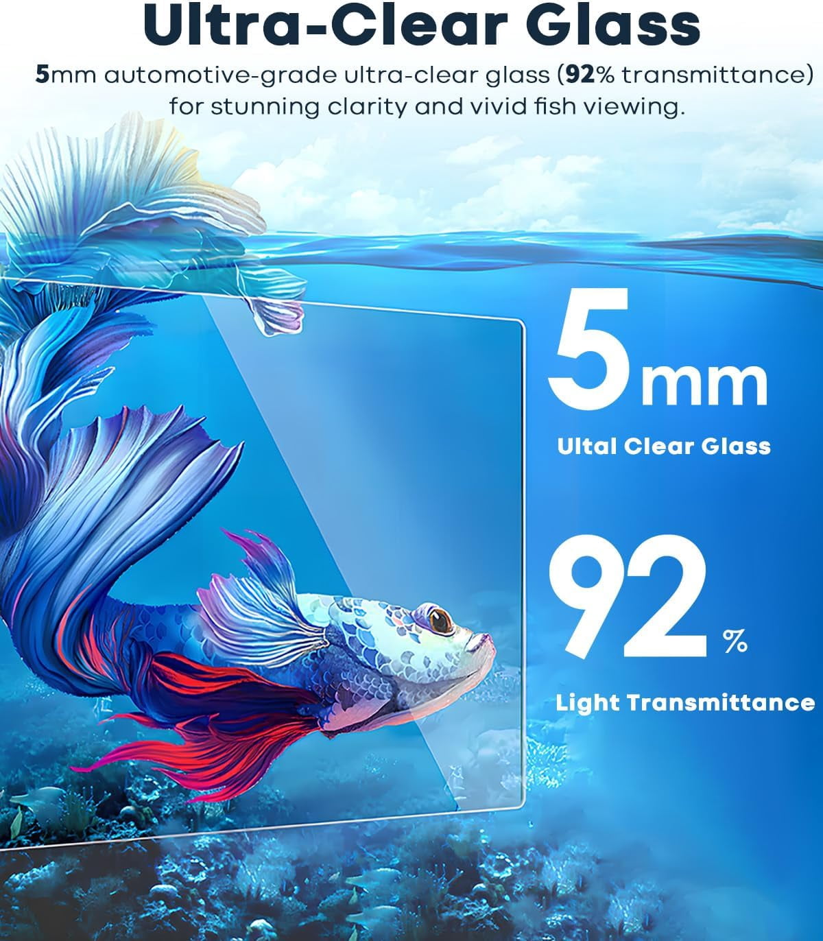 Desktop Small Aquarium Set Glass Fish Tank 1.25 Gallon, with Water Pump Filter Bright LED Light Gravel Cleaning Tool, Starter Kit Small Space Easy Setup Space-Saving Design Betta Shrimp