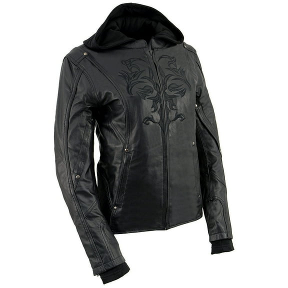 Milwaukee Leather ML2066 Women's 3/4 Black Leather Hoodie Jacket with Reflective Tribal Design 4X-Large