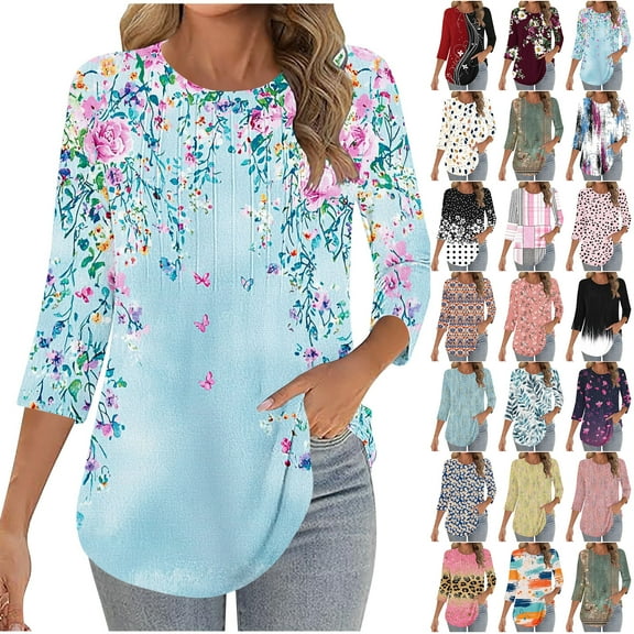 JTZGDY 3/4 Length Sleeve Womens Tops Round Neck Casual Boho Floral Printed Summer Tunic Tops Basic Tees Blouses Dressy T-Shirts Pleated Shirts Khaki M