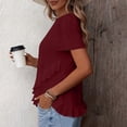 thumbnail image 5 of FRSASU Women's Eyelet T-Shirt Hollowed-Out Crew Neck Short Sleeve Cross Ruffle Hem Casual Summer Tunic Tops Wine, 5 of 7