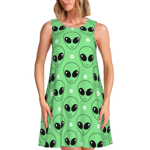 Balery alien cartoons Vestidos de verano para mujer con estampado: vestido holgado sin mangas, vestido playero informal y cómodo para días calurosos.