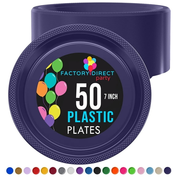 Exquisite Plastic Plates 7" Navy Blue, 50 Ct Heavy Duty 350 GSM Plate Disposable for Parties