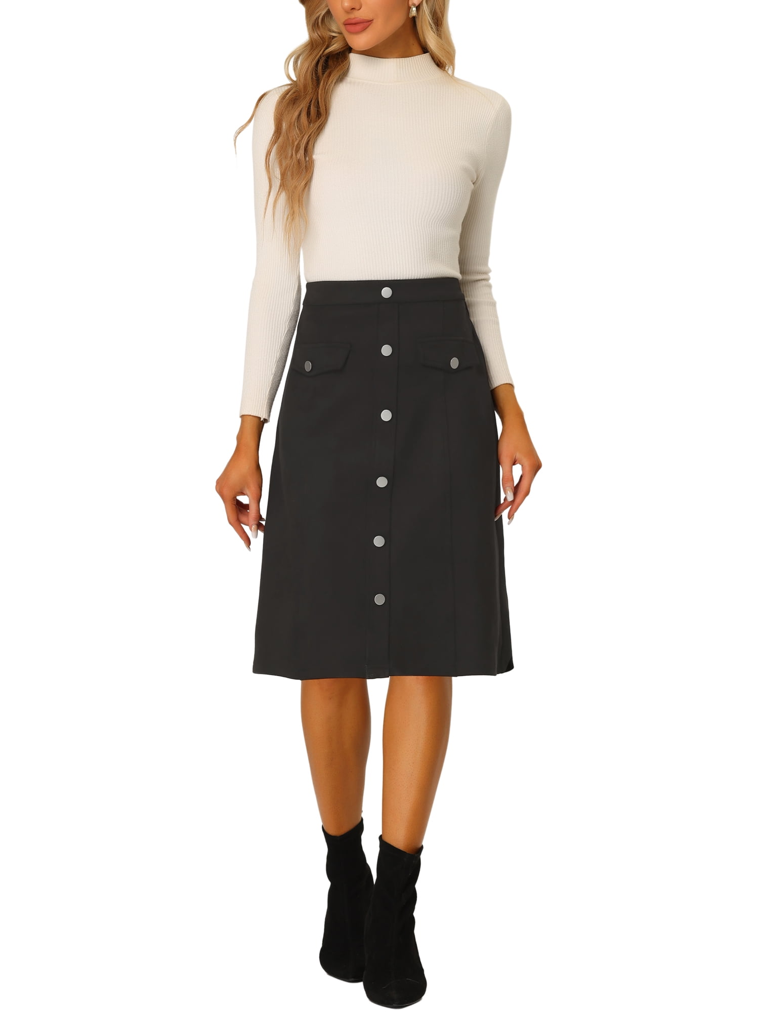 Unique Bargains Women's Suede Button Front Pockets Decor A-Line Skirts M Black