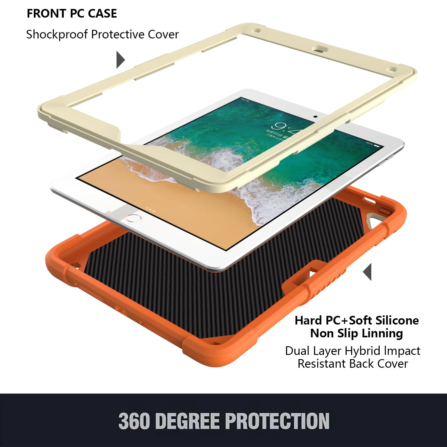 Dteck for iPad 6th 5th Generation Case with Kickstand Butterfly Wings Pencil Holder, Heavy Duty Hard Rugged Protective Cover Kids Girls for 9.7 inch iPad 6th/5th Gen/Air 2,Orange + Beige