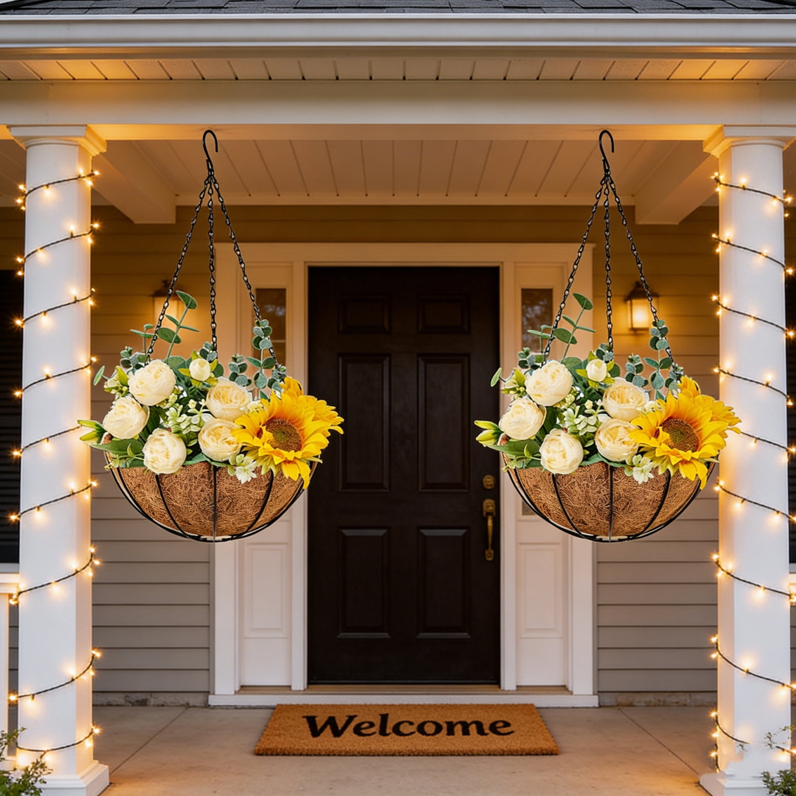 4 Pack 14 Inch Hanging Flower Baskets for Outdoor Plants Large Metal Wire Planters with Coco Liner Pot for Home Planting Black Watering Plant Holders for Outside Garden