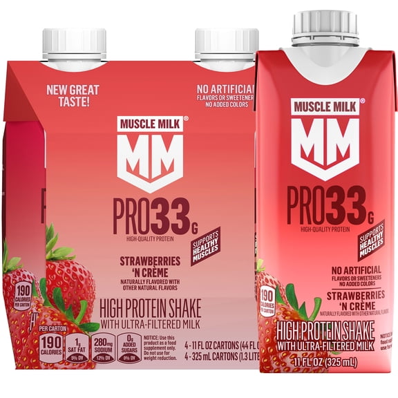 Muscle Milk Pro 33g High Protein Shake Ultra Filtered Milk, Strawberries N Creme, 11 fl oz, 4 pack