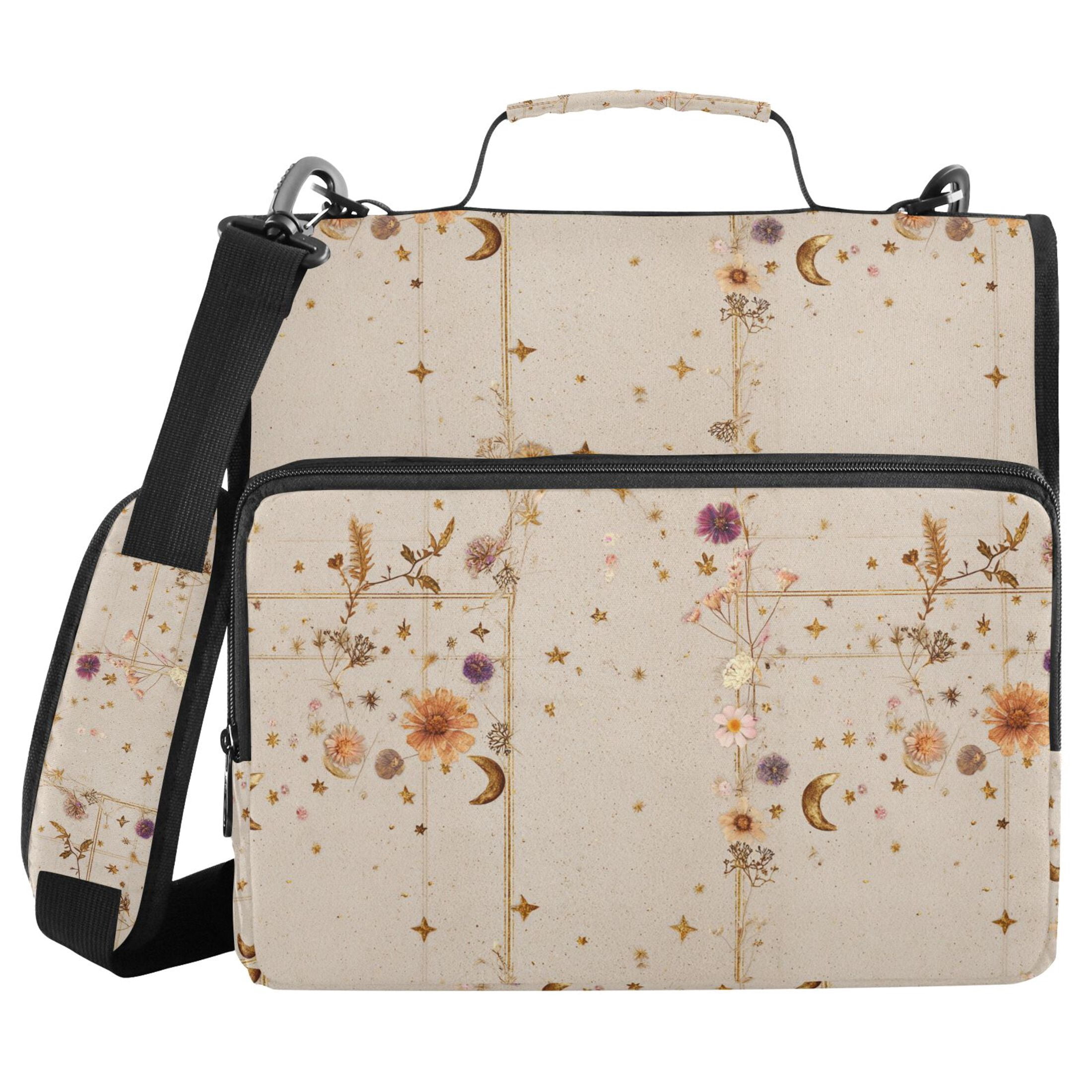 Zipper Binder Retro Texture Flowers Moon 1.5 Inch Binder Folder Bag with Shoulder Strap and Handle
