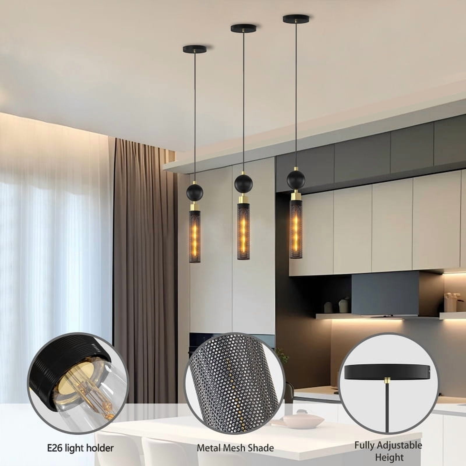 Modern Black Wrought Iron Adjustable Pendant Light - 3-Lamp Industrial Hanging Fixture for Kitchen Island, Dining & Living Room