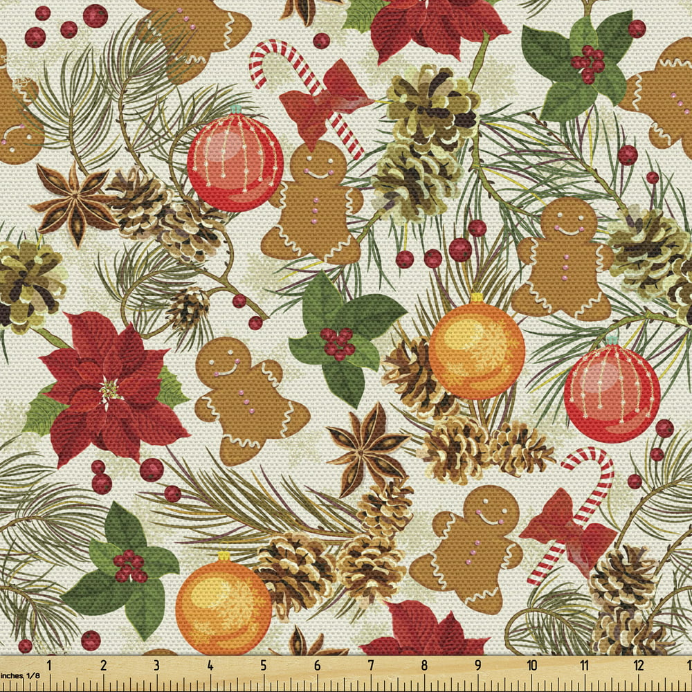 Christmas Fabric by the Yard, Vivid Colorful Xmas Theme Pine Cones ...