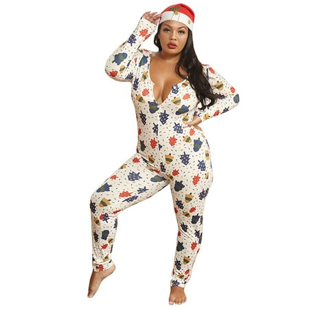 

Sunisery Women Deep Neck Overall Onesie Long Sleeve Christmas Tree Pajama Jumpsuit