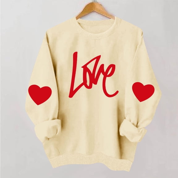 GuzomFashion Valentine's Day Womens Oversized Crewneck Sweatshirt - 100% Polyester Love Graphic & Heart Accents, Beige Cute Casual Everyday Wear,Size L