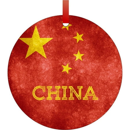 China Grunge Flag - TM - Double-Sided Round-Shaped Flat Aluminum Christmas Holiday Hanging Ornament with a Red Satin Ribbon. Made in the USA!