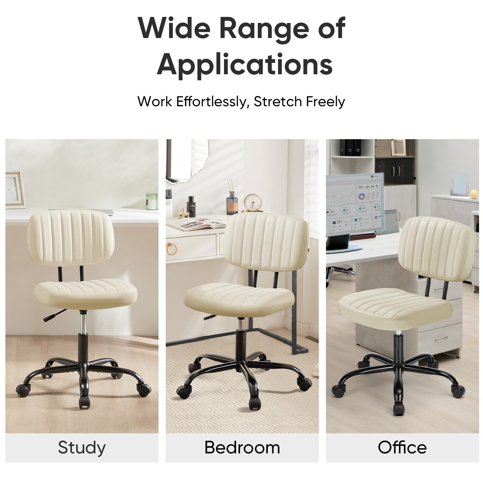 Telyra Armless Office Chair Adjustable PU Leather Desk Chair with Wheels Padded Low-Back Swivel Vanity Chair, Beige