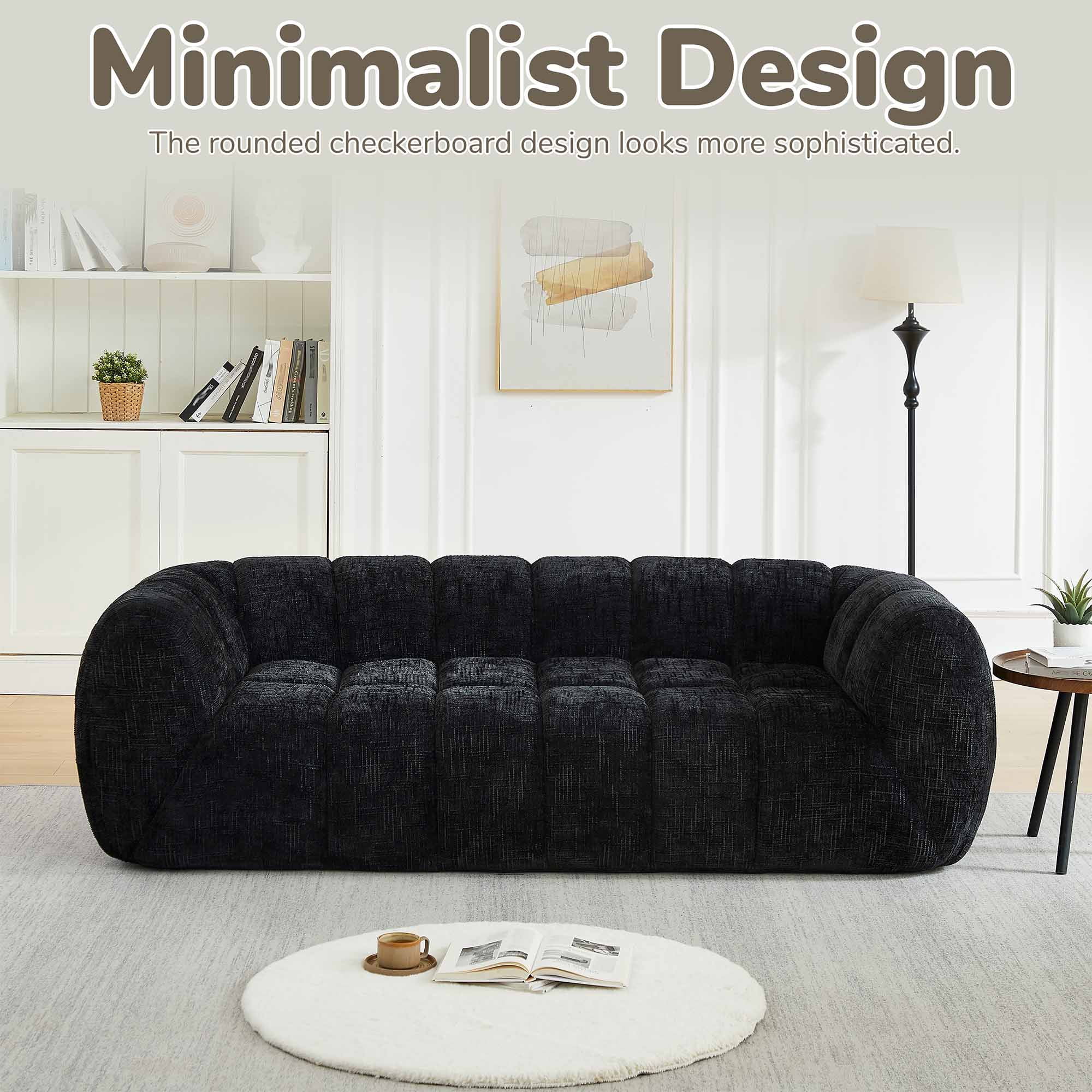 Lunale 3-Seater Boneless Sofa, No Assembly Required, Modern Cloud Couch for Living Room, Apartment, Black Chenille