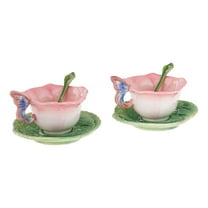 Ceramic Rose Cup and Saucer Set - 2 Piece Porcelain Tea Cup Set with Spoons - Elegant Floral Coffee Mugs for Home Decor & Gift Giving