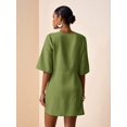 thumbnail image 2 of Green Linen V-Neck Wrap Mini Dress With Side Tie, Casual Summer Style, 2 of 8